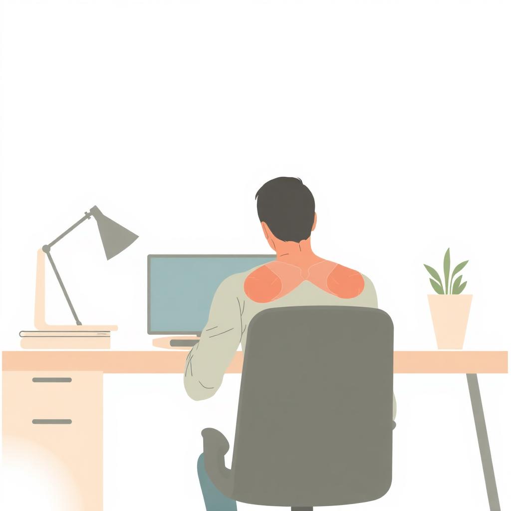 Illustration d'une personne au bureau avec zones de tension musculaire